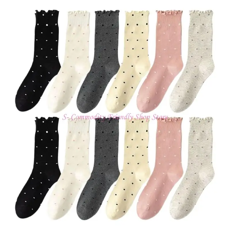 85ae Pack 6 pares chicas calcetines con volantes Patrón punto redondo algodón Otoño invierno - imagen 4