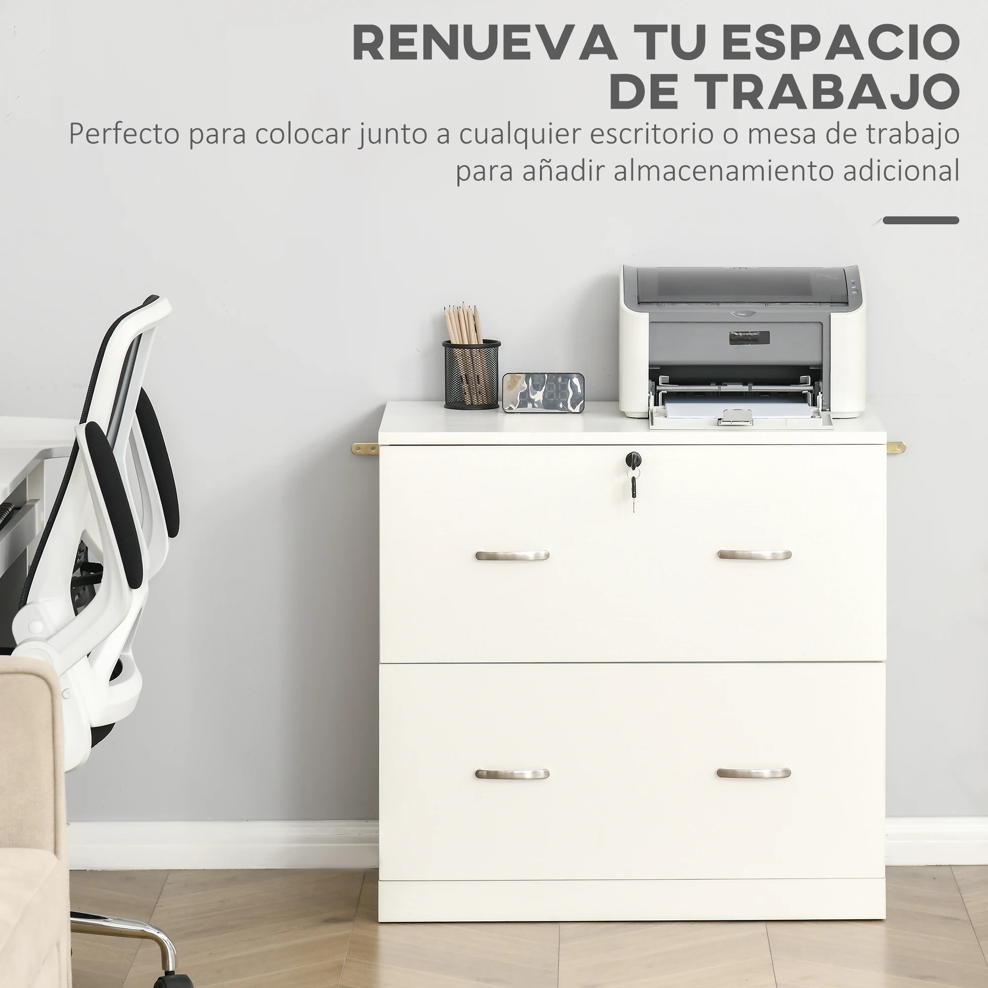 Vinsetto Mueble Archivador Cajonera para Oficina con 2 Cajones para Documentos en Tamaño A4 Cerradura y 2 Llaves para Estudio Despacho 74x42x72 cm Blanco - imagen 4
