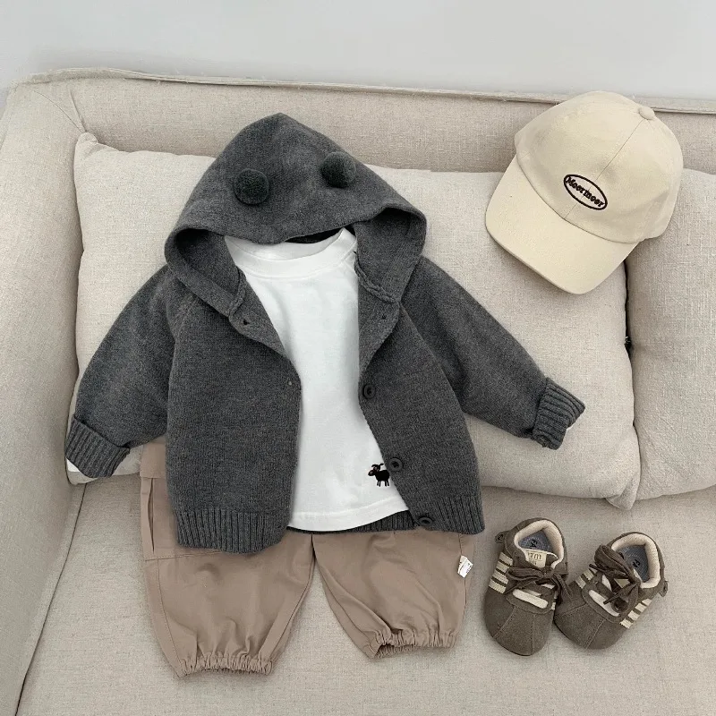 2025 ¡Nuevo cárdigan de punto coreano para niños de otoño: suéter unisex con capucha, suave, cálido y bonito con botones para niños pequeños y bebés! - imagen 4