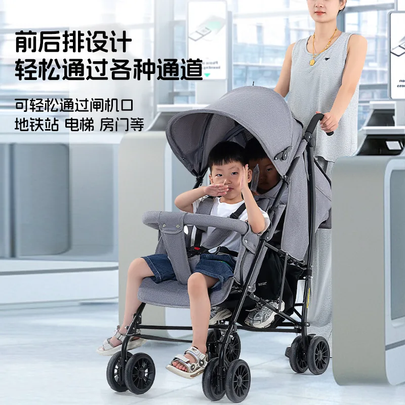 Venta al por mayor Cochecitos de bebé gemelos Asientos dobles Asientos delanteros y traseros Plegables livianos Adecuado para segunda niño - imagen 2