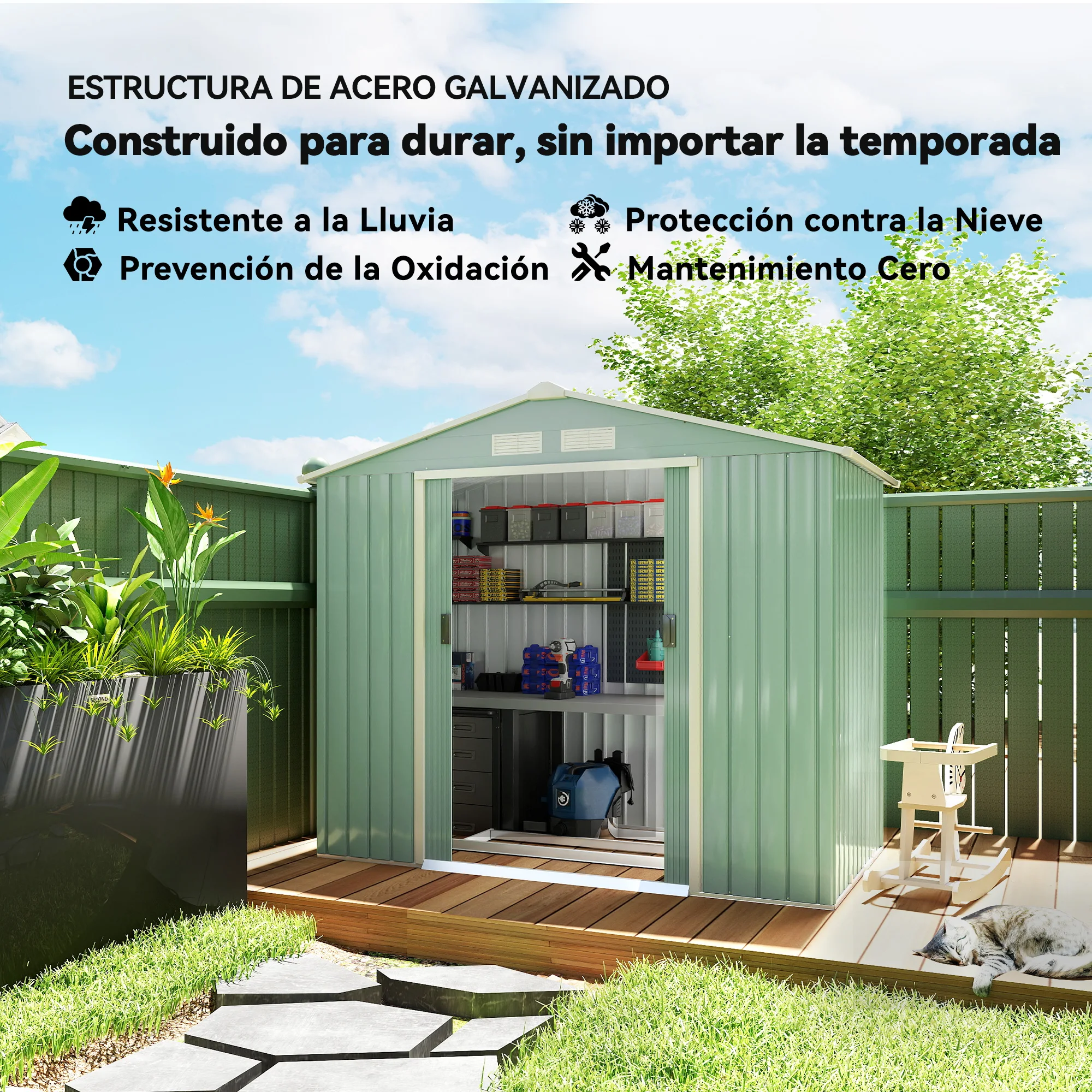 Outsunny Outdoor Garden Shed, 2.5 m² 213X130X185 Cm, Metal Outdoor Garden Shed with 2 Sliding Doors, Reinforced Base (Floor Not Included) and 4 Windows, Light Green - imagen 3