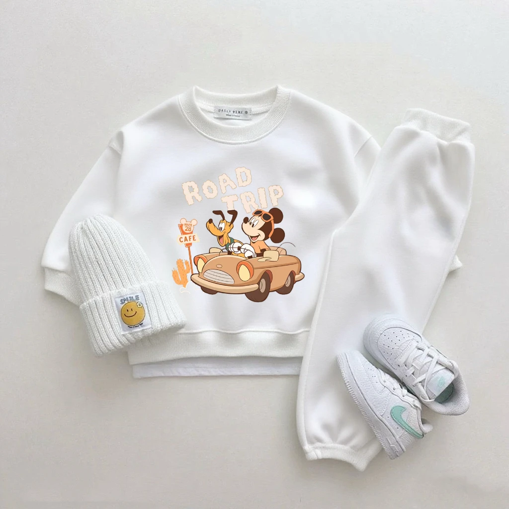 Mickey Tops pantalones de chándal blancos de dos piezas lindo cuello redondo Sudadera con capucha pantalones versátiles nuevos conjuntos estampados de dibujos animados ropa Popular