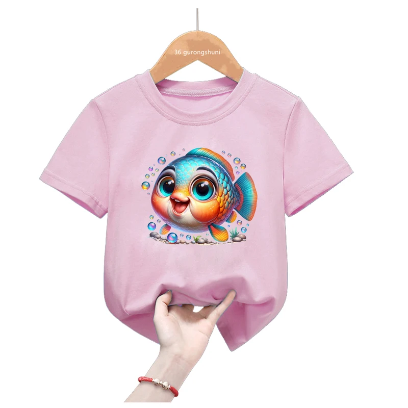Camiseta con estampado de peces dorados de acuarela para niños y niñas, Tops de moda de verano, camiseta Harajuku Kawaii, ropa divertida - imagen 2
