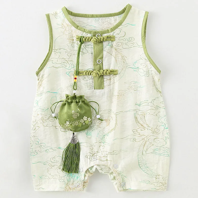 Conjuntos de peleles de verano para bebé de 0 a 3 meses, monos de algodón sin mangas con estampado bonito de estilo chino + bolsa, artículos para recién nacido B111, 2 uds.