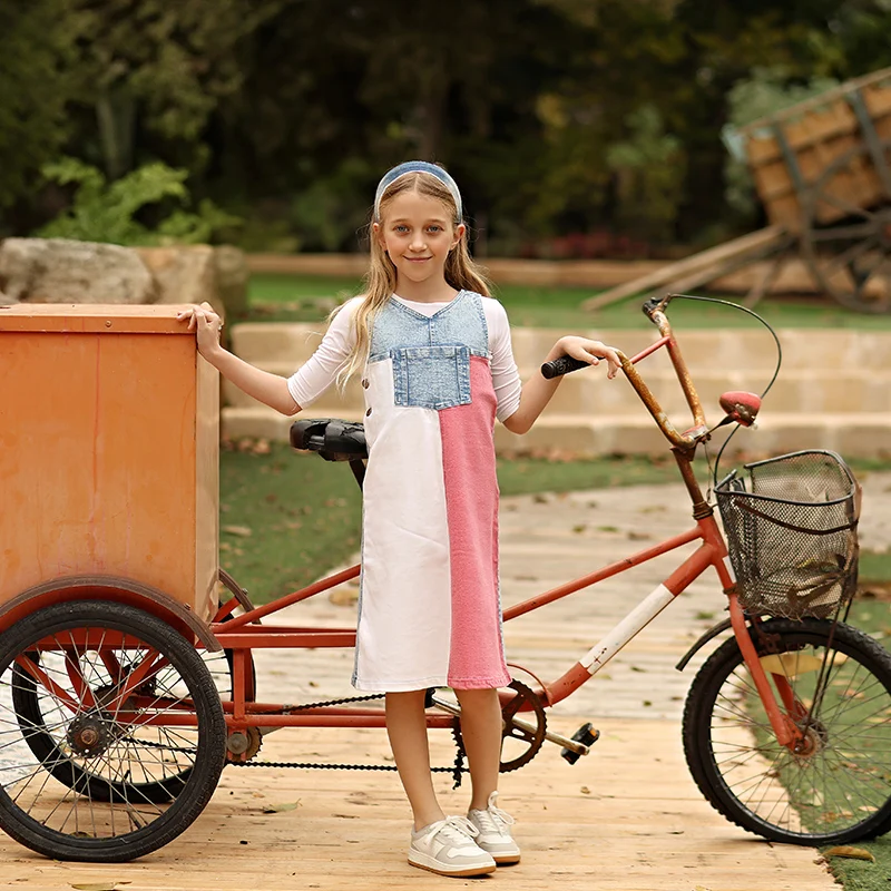 Colección de mezclilla de verano, conjunto de vestido para niñas, peleles bonitos para bebés, camisa informal para niños, falda para niñas, conjunto de ropa familiar con bolsillos en contraste - imagen 3