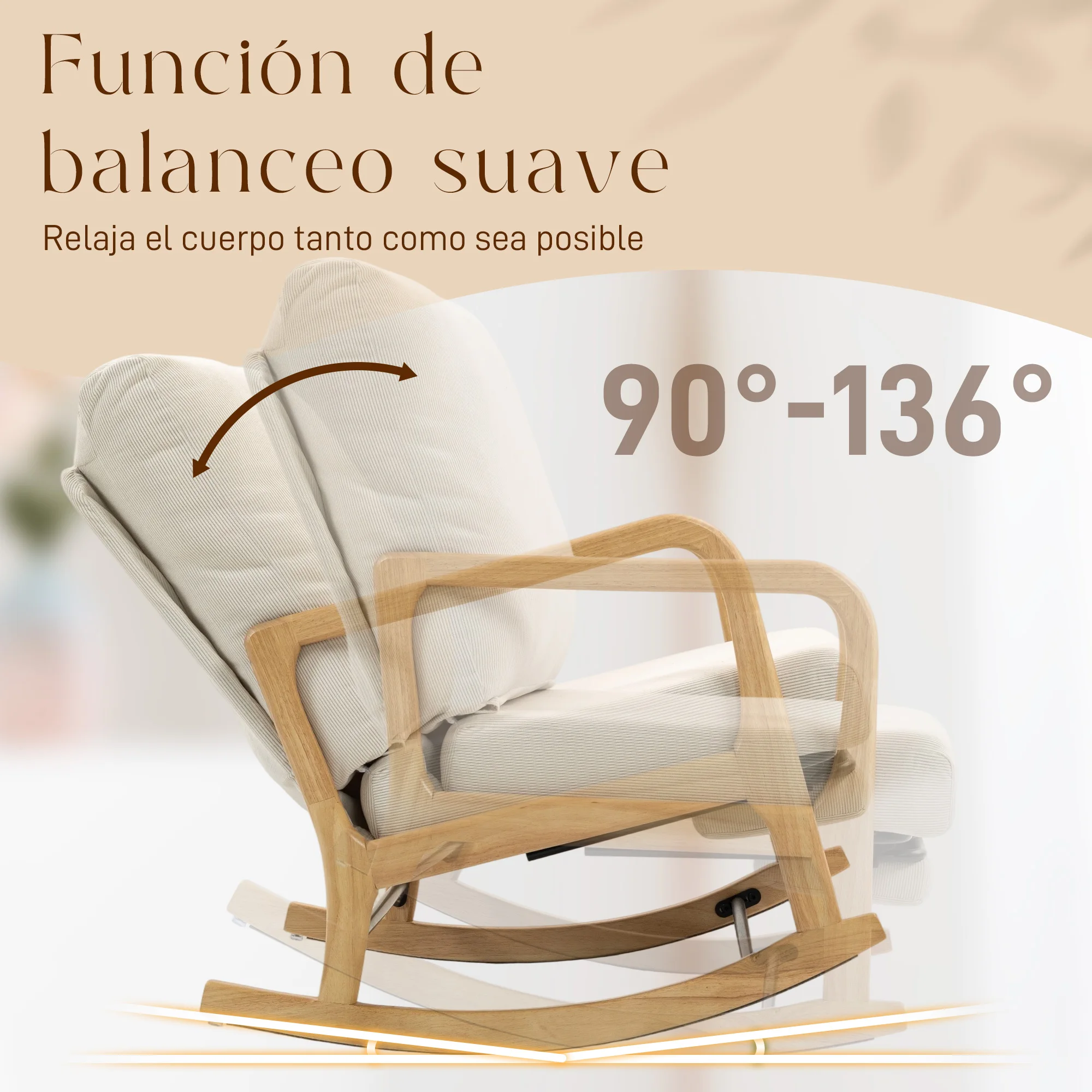 HOMCOM Silla Mecedora con Reposapiés, Respaldo Ajustable, Mecedora de Pana Nórdica, Patas de Madera, Reposabrazos, Cojín Lumbar, Sillón para Lactancia, Carga 120 kg, para Dormitorio, Salón, Crema - imagen 5