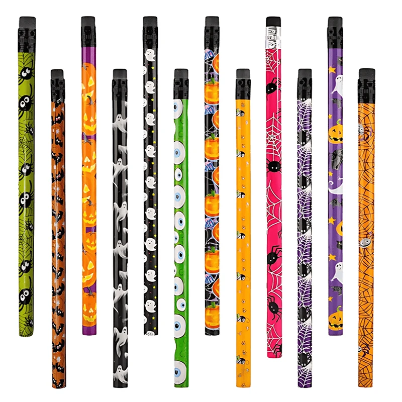 Juego de sacapuntas con temática de Halloween, patrón aleatorio, 12 Uds., lápiz HB, borrador de dibujos animados, sacapuntas Manual de Color aleatorio, papelería ZYF - imagen 3