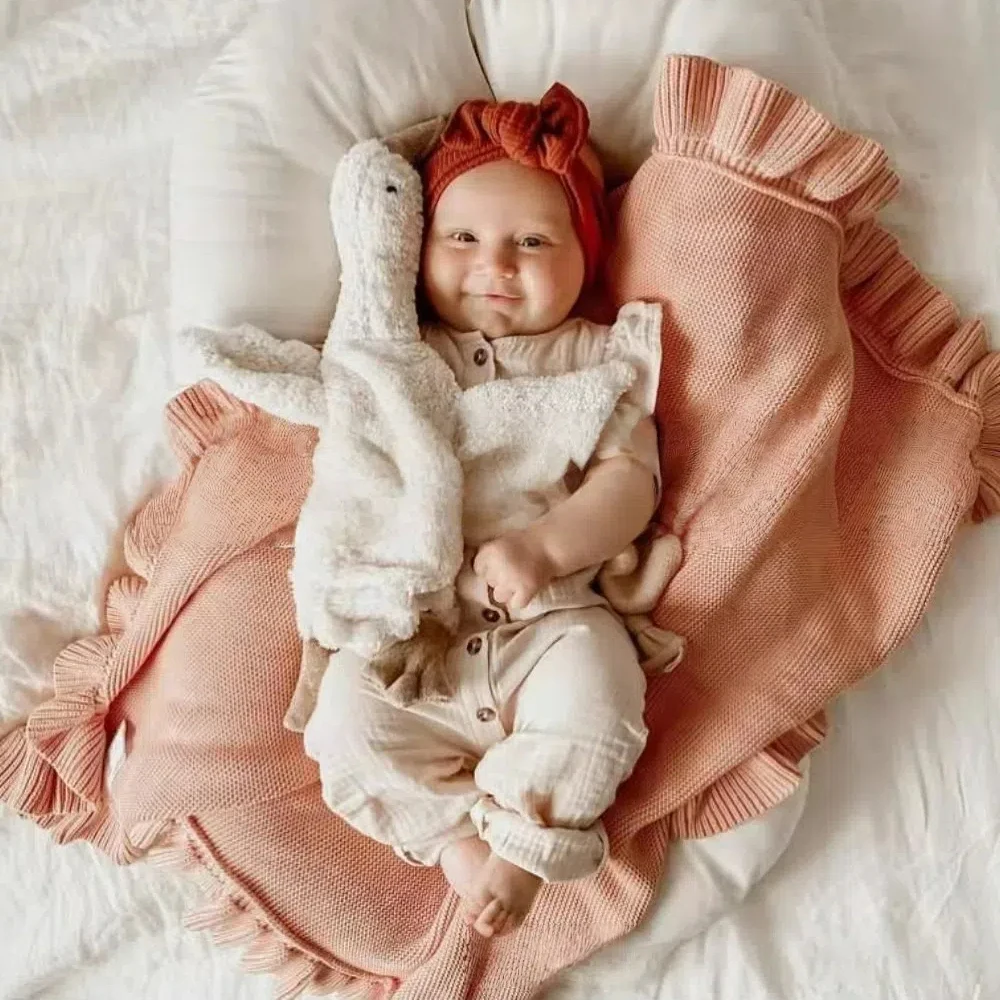 Manta tejida con borde de hoja de loto para bebé, accesorio para fotografía, carrito de bebé, cubierta de algodón, manta para sujetar la cama de los niños, 75x95cm - imagen 4