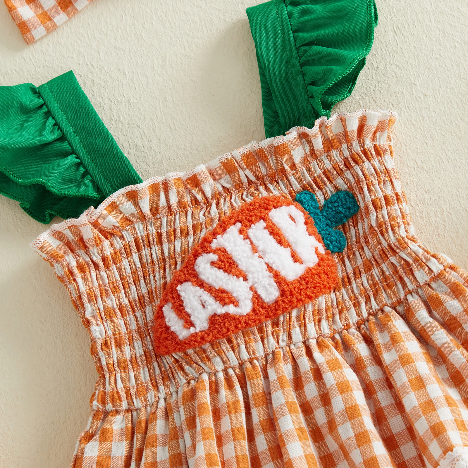 ViSgogo Conjunto Pascua niña cuadros con bordado zanahoria y diadema - imagen 4