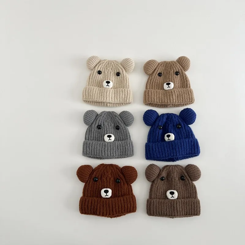 Gorro térmico de invierno para bebé con cobertura para las orejas, gorro tejido con bonito patrón de oso para niños pequeños, gorro infantil elástico suave - imagen 2