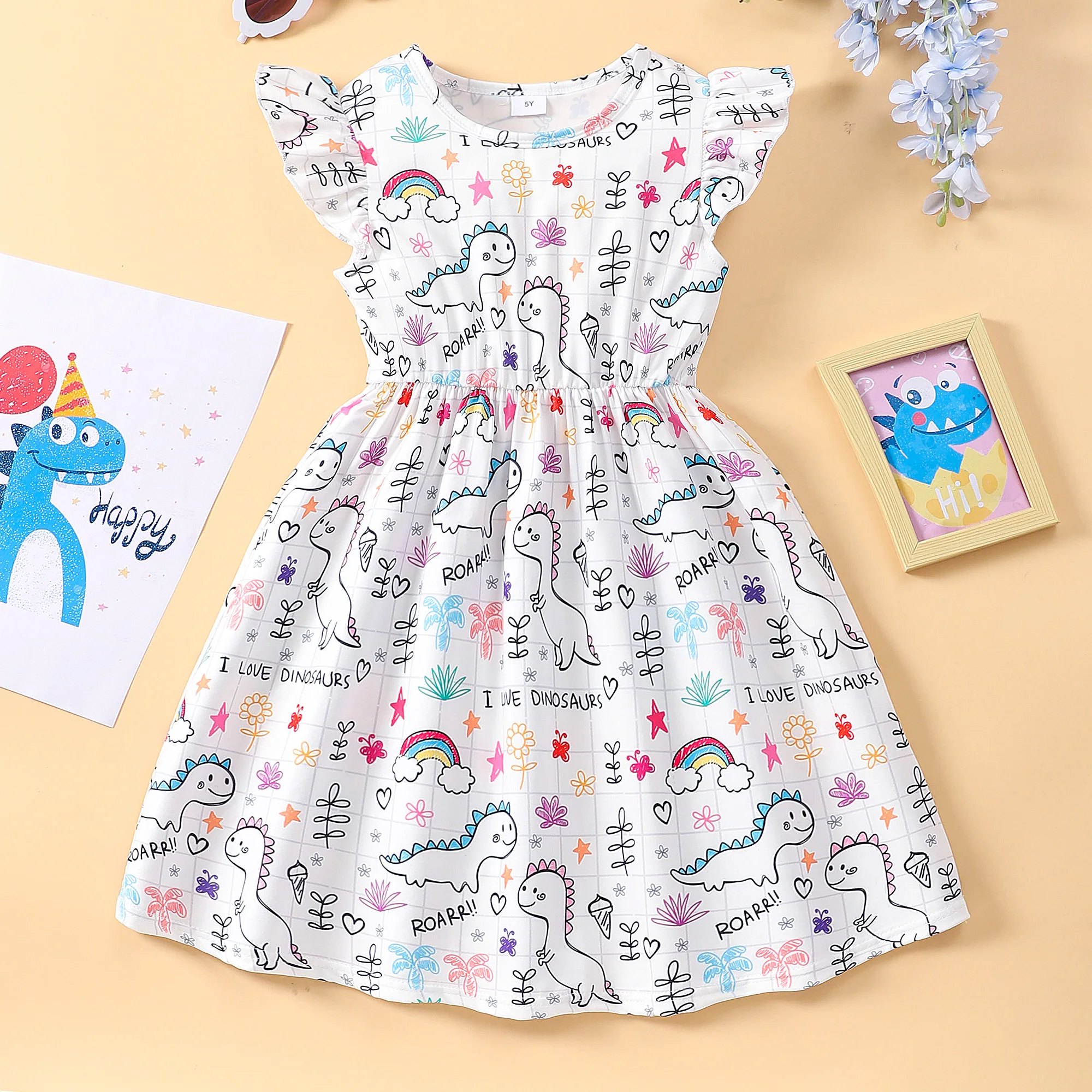 Vestido de verano para niña, ropa de manga corta de dinosaurio blanco, moda para cumpleaños, 2, 3, 4, 5, 6, 7 y 8 años, 2024