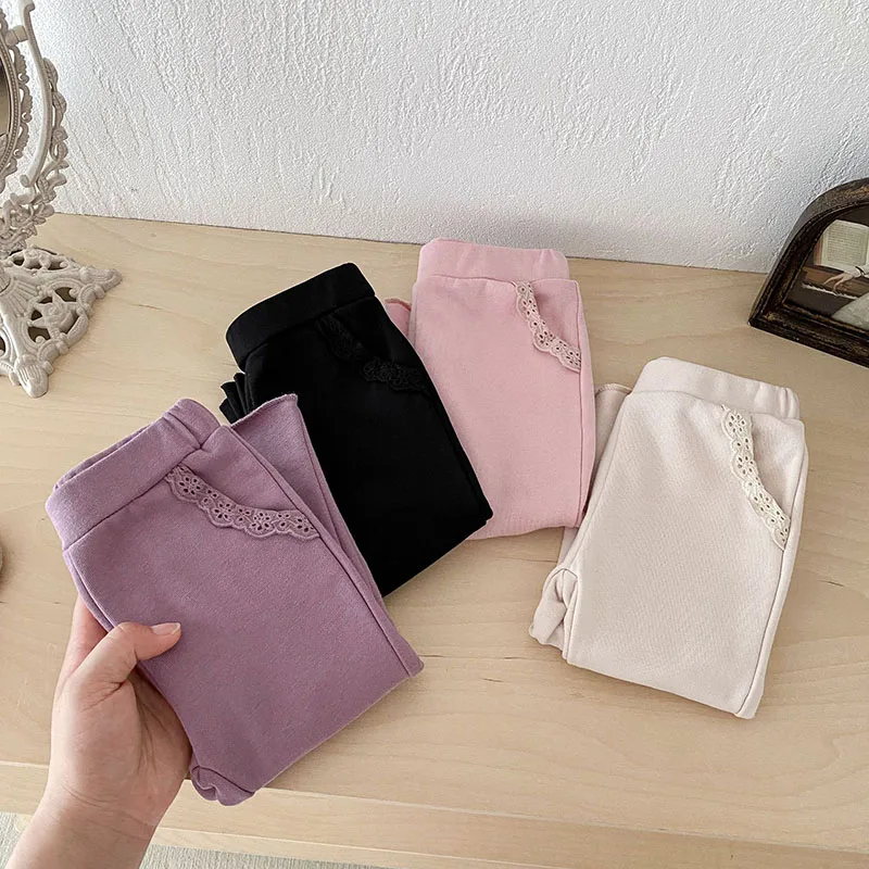 Pantalones de encaje de Color sólido para niñas pequeñas, pantalones de estilo fino para bebés - imagen 2