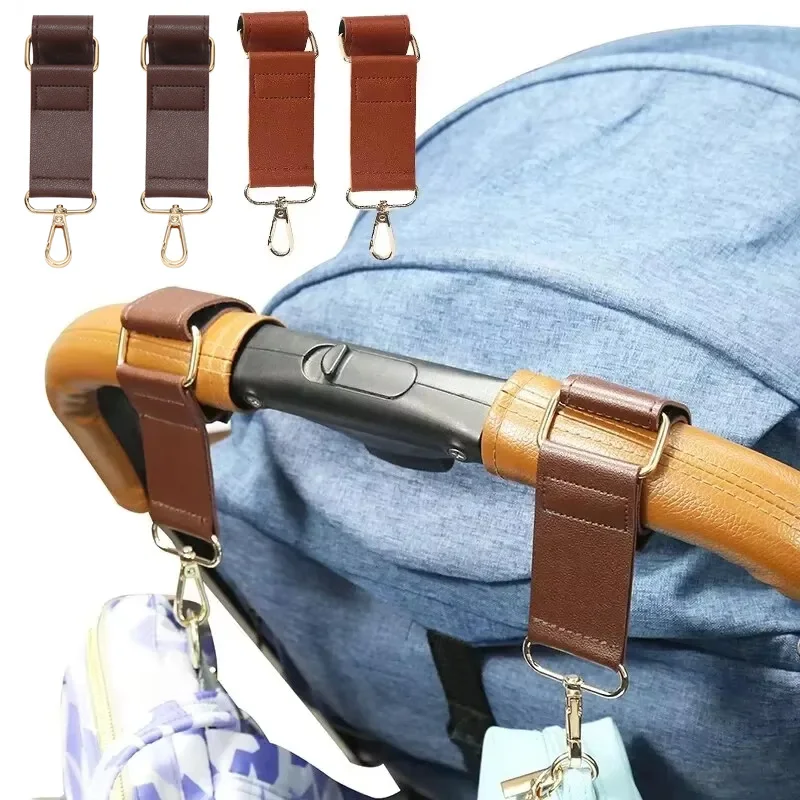 Ganchos para cochecito de 2/4 Uds., ganchos metálicos de cuero PU para café negro, hebilla de gancho para cochecito de longitud ajustable para colgar accesorios para cochecito