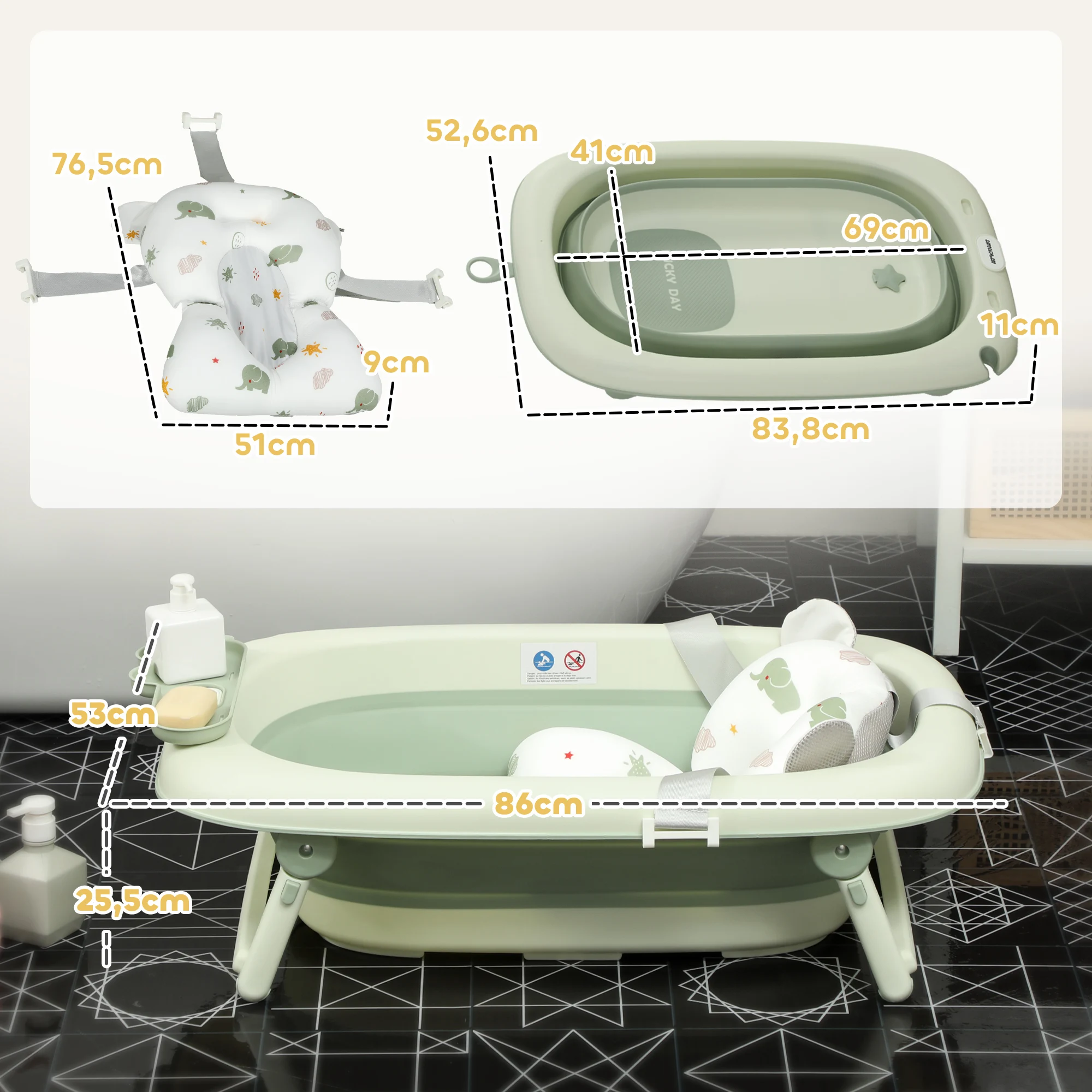 AIYAPLAY Bañera Plegable Bebé, Bañera Portátil con Cojín de Baño, Soporte con Botón, Orificio de Drenaje y de Ducha, Repisa, Gancho, para Recién Nacidos y Bebé hasta 3 Años, Verde - imagen 3