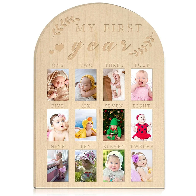 Tablero de fotos de madera de un año, tablero de fotos de mi primer año, marco de fotos mensual de 12, letrero acrílico de madera del primer año del bebé - imagen 4