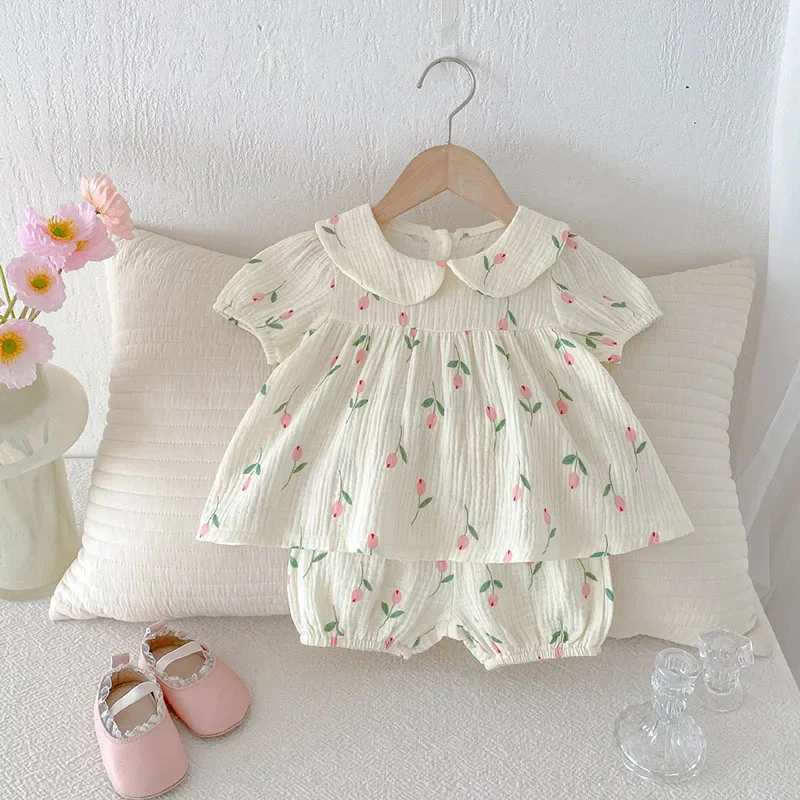 Body de tulipán infantil de lino y algodón con banda para el pelo, conjunto de camisa y pantalones cortos cómodos florales para niñas recién nacidas, novedad de verano 2026 - imagen 4