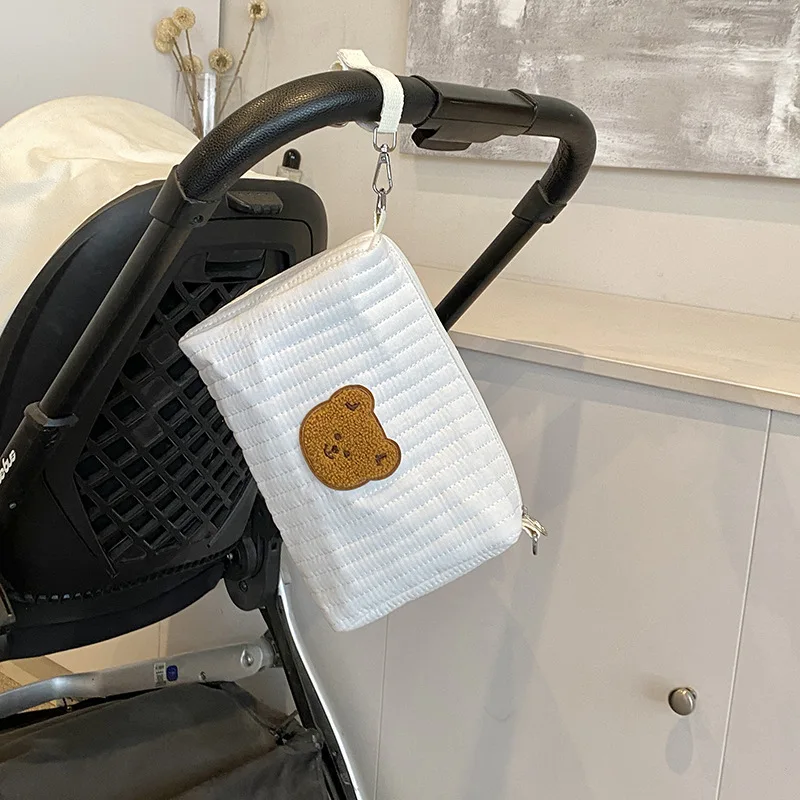 Mini bolsa de pañales para bebé de dibujos animados, bolso sencillo con bordado de oso para recién nacido, bolsa organizadora portátil para cochecito de bebé al aire libre - imagen 4