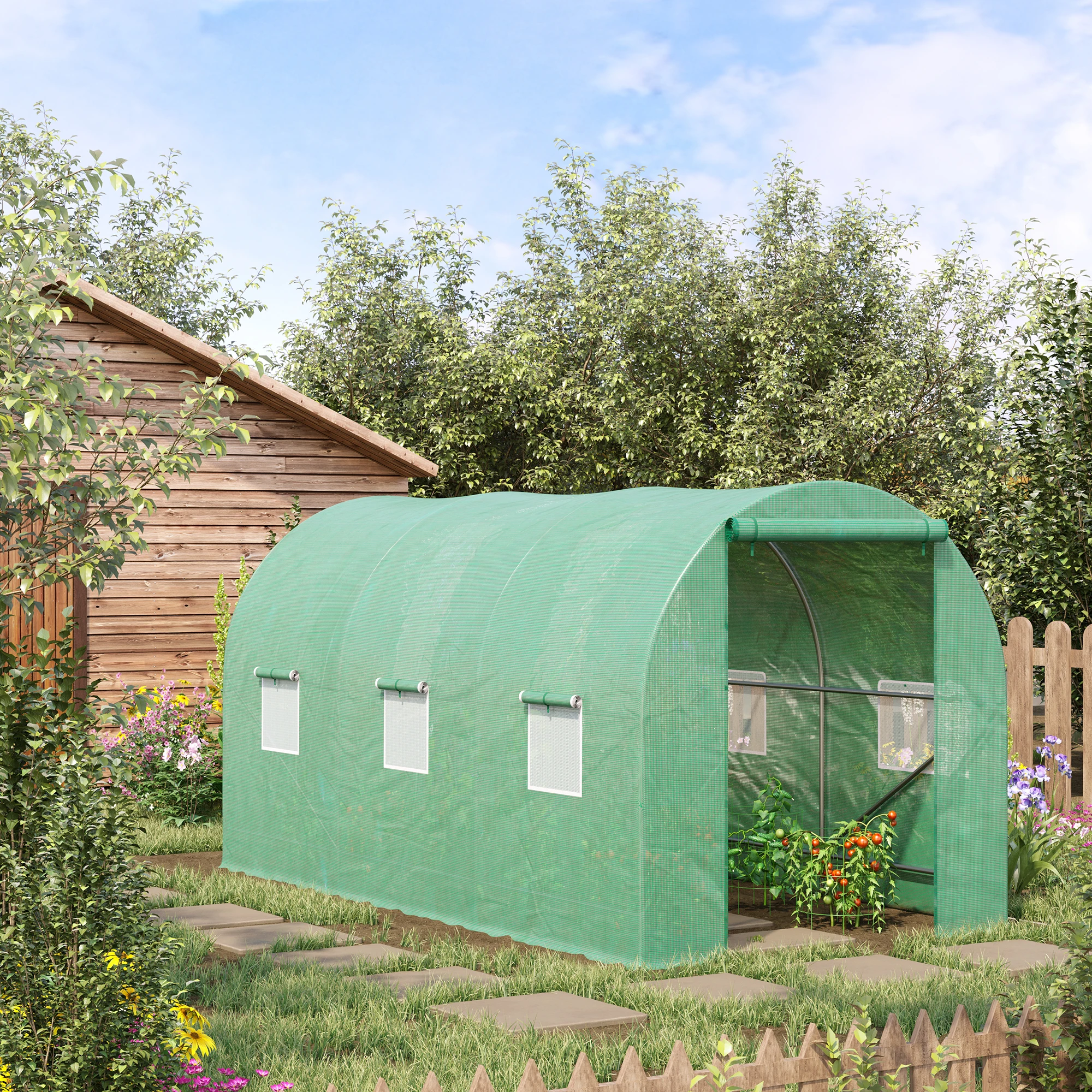 Outsunny Invernadero de Túnel 400x200x200 cm Invernadero de Jardín con Puerta Enrollable y 6 Ventanas Cubierta PE 140 g/m² Marco de Metal para Cultivo Plantas Verduras Verde - imagen 2