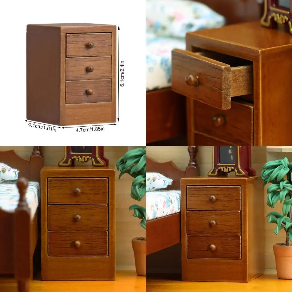 D7YD Compact Dollhouses Unidad almacenamiento noche 3 Estantes artesanía madera marrón