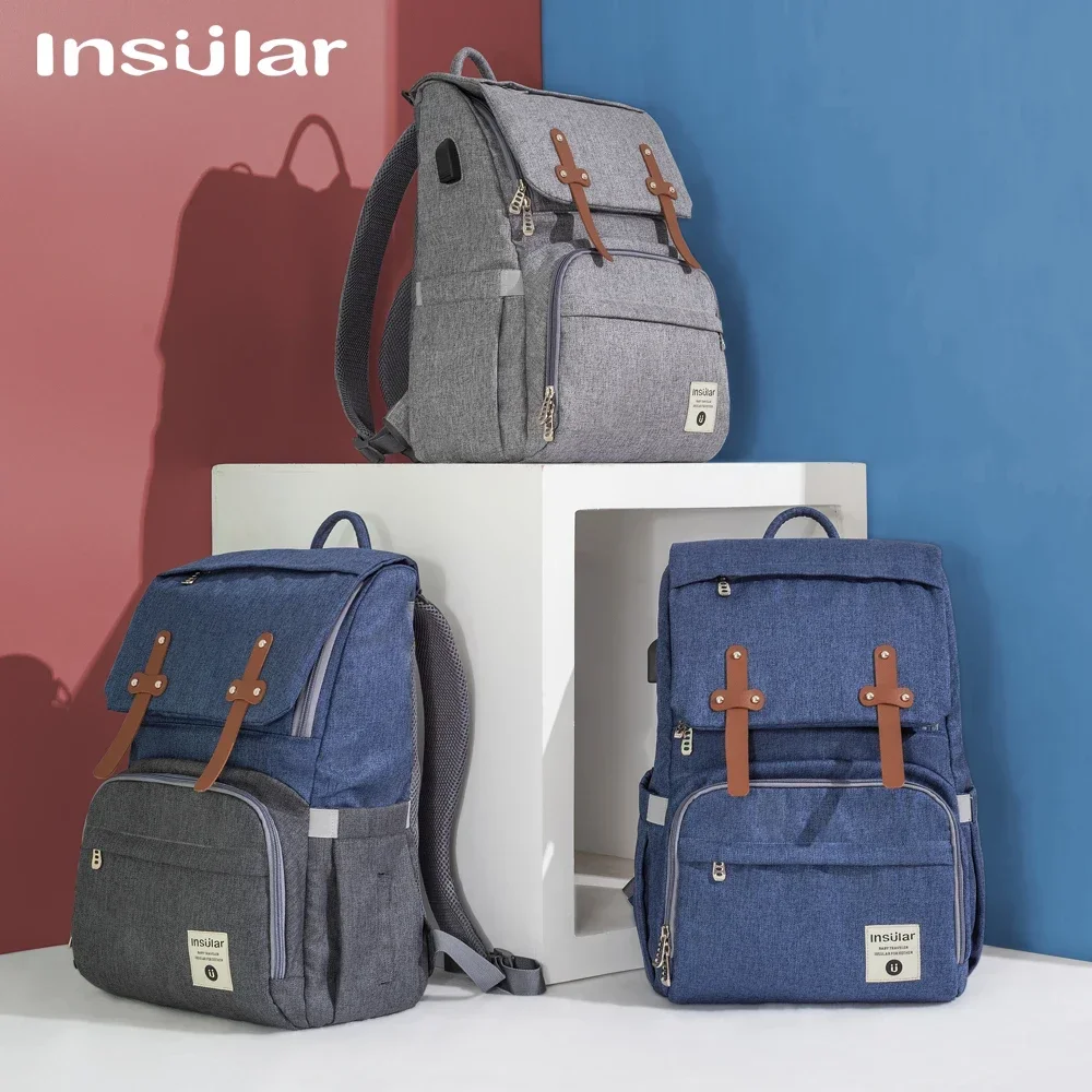 Bolsa de pañales para bebés Insular con interfaz USB, kits de bolsas de pañales impermeables grandes, mochila de viaje de maternidad para mamás, bolsa de lactancia con gancho