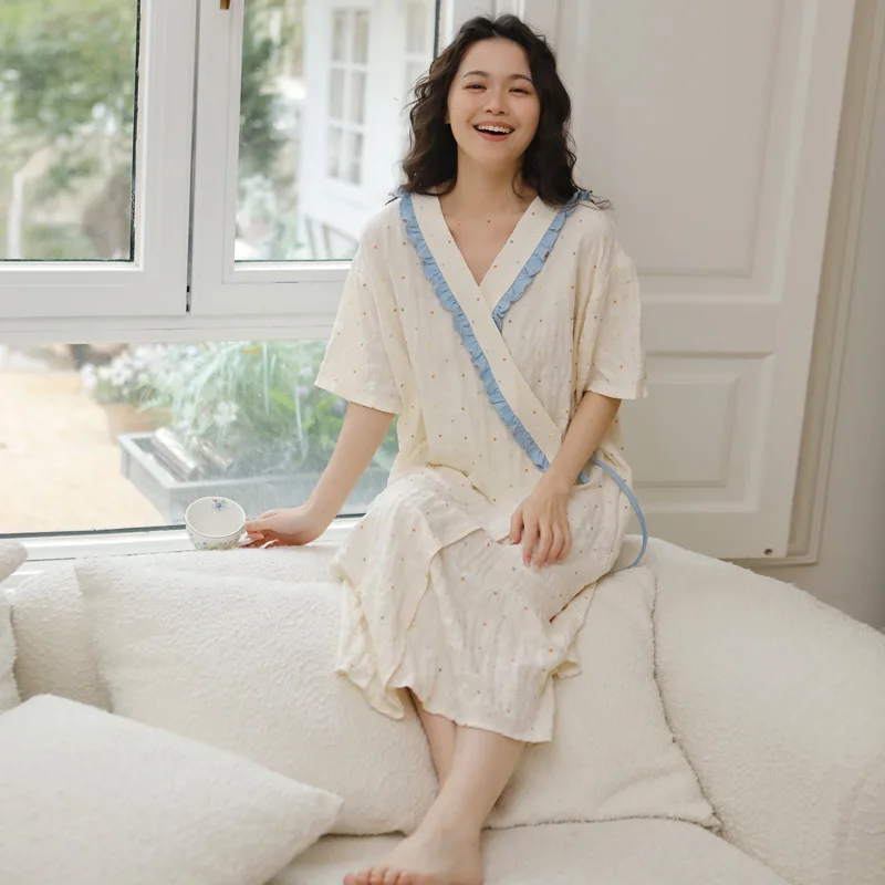 Camisón de lactancia para mujeres embarazadas, vestido de lactancia posparto de manga corta de verano, vestido informal holgado de maternidad a cuadros - imagen 3