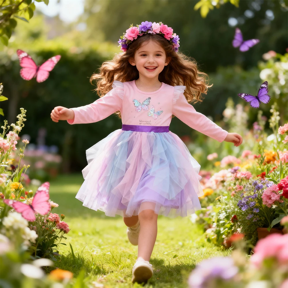 DXTON Vestido de princesa con lentejuelas para niñas otoño - imagen 3
