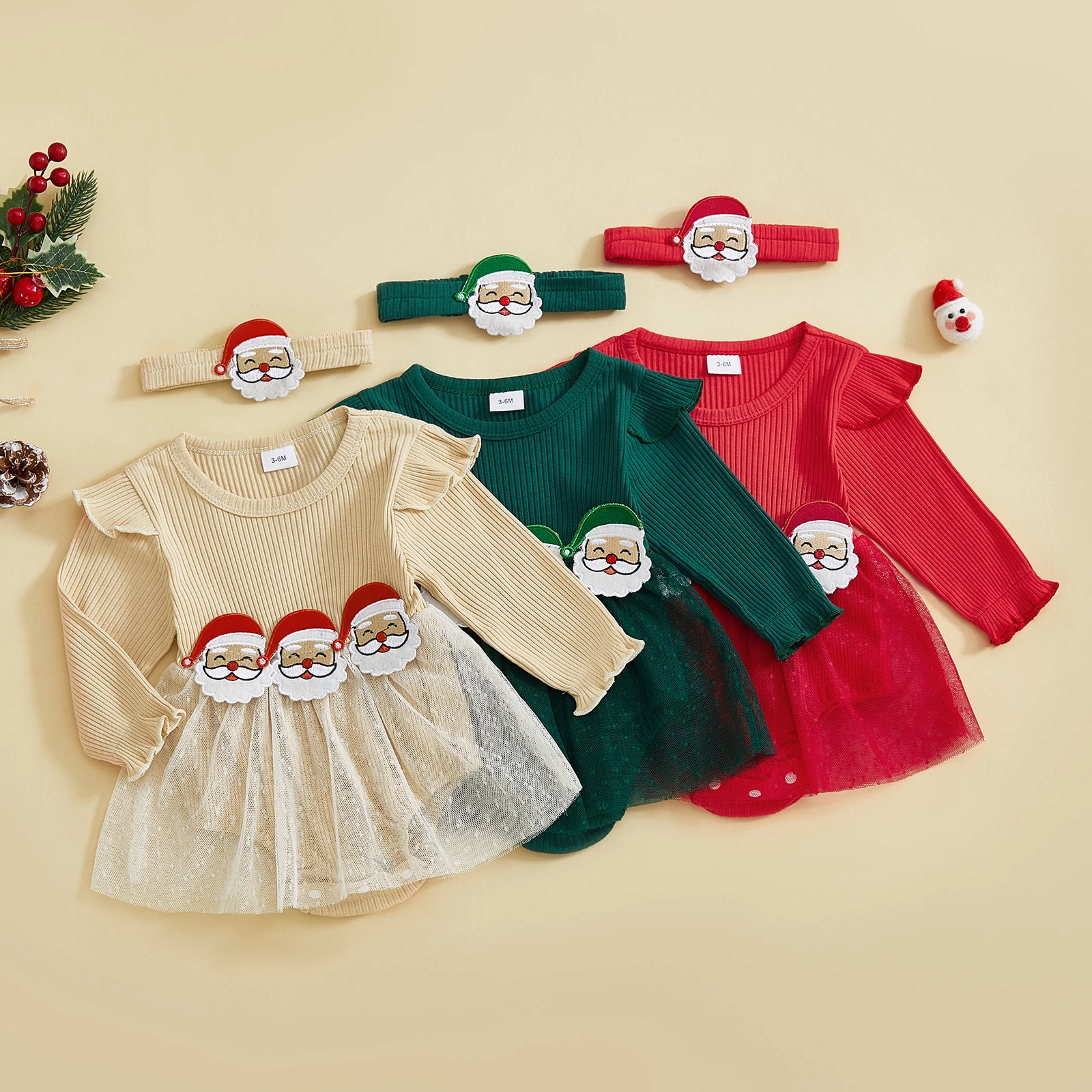 SUNSIOM-vestido mameluco acanalado para niña de 0 a 18 meses, mono de burbujas de malla de manga larga con cuello redondo de Papá Noel y diadema - imagen 2