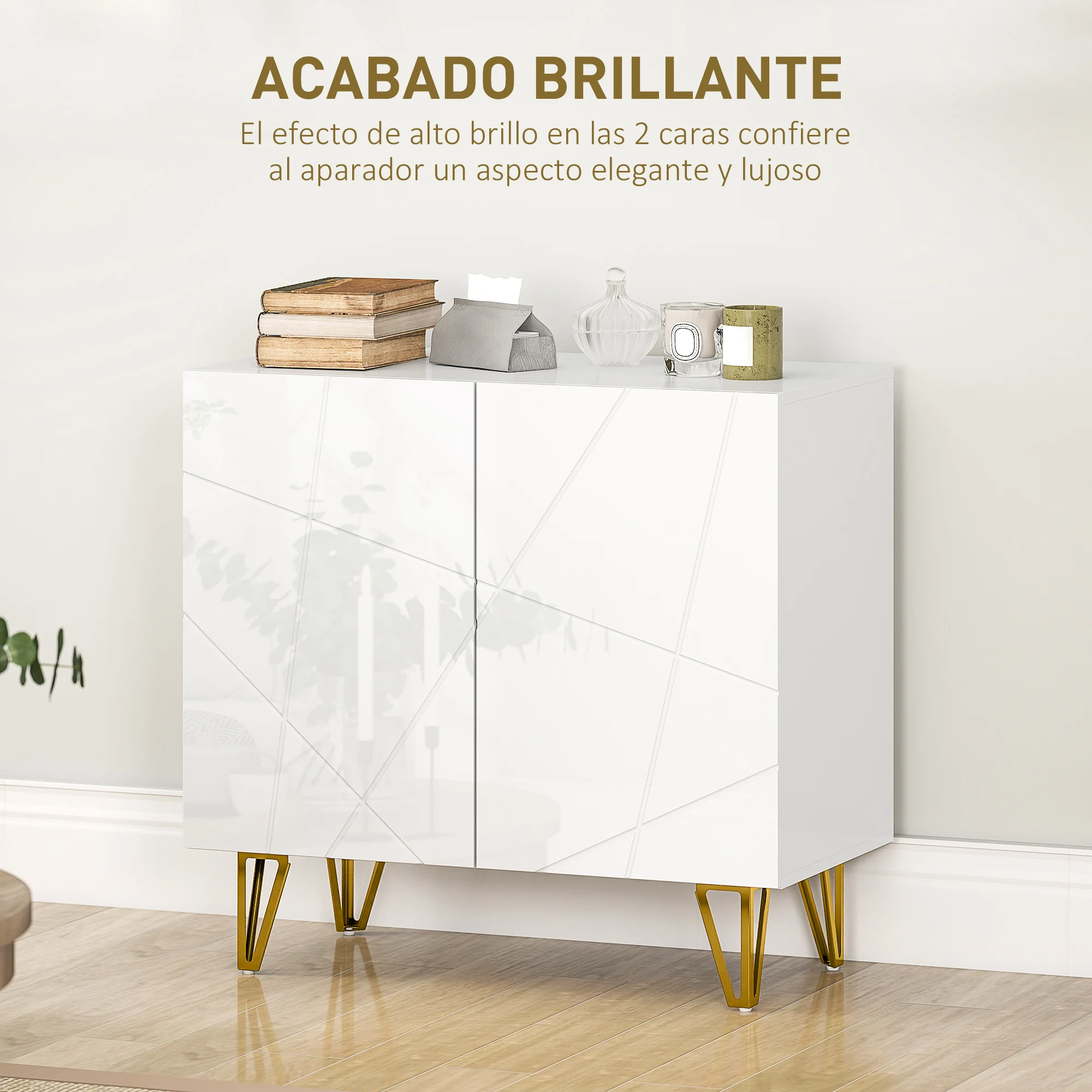 HOMCOM Aparador para Salón Aparador de Entrada con 2 Puertas y Estantes Ajustables Armario de Almacenamiento para Cocina Sala 80x40x75 cm Blanco Brillo - imagen 4