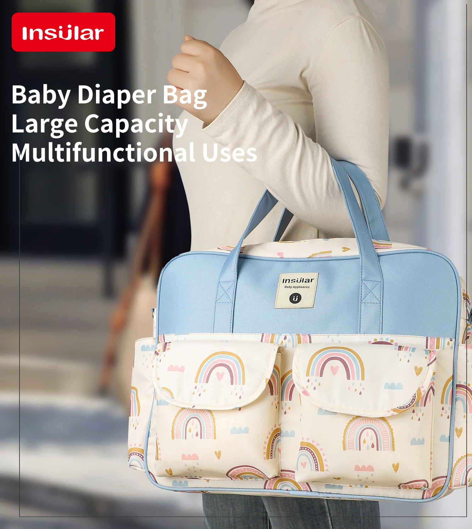 Vista frontal del bolso de mamá de tela Oxford impermeable