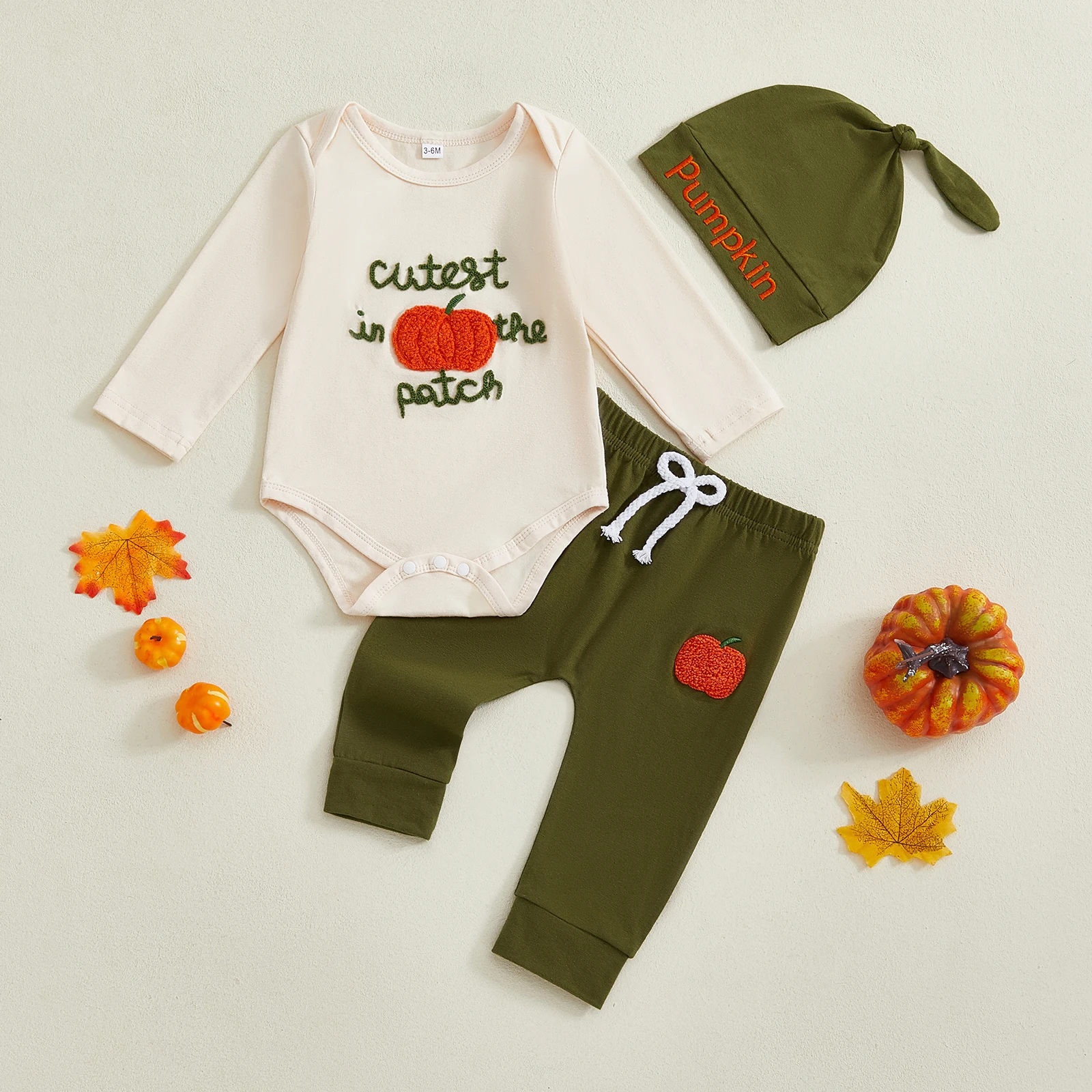 Conjunto de 3 piezas de Halloween para bebé, peleles de manga larga con bordado de calabaza y pantalones elásticos, gorros, conjunto de sombrero, ropa de otoño