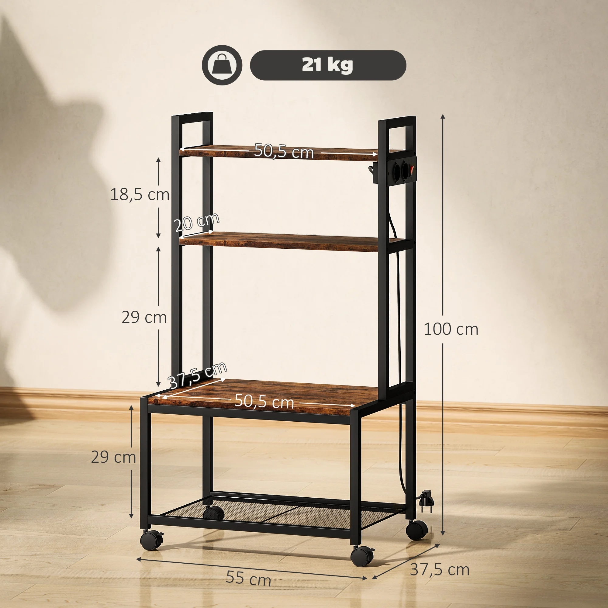 HOMCOM Soporte para Impresora con Estación de Carga Mueble para Impresora de 4 Niveles con Ruedas y Marco Metálico para Oficina Casa Escuela Marrón Rústico - imagen 3