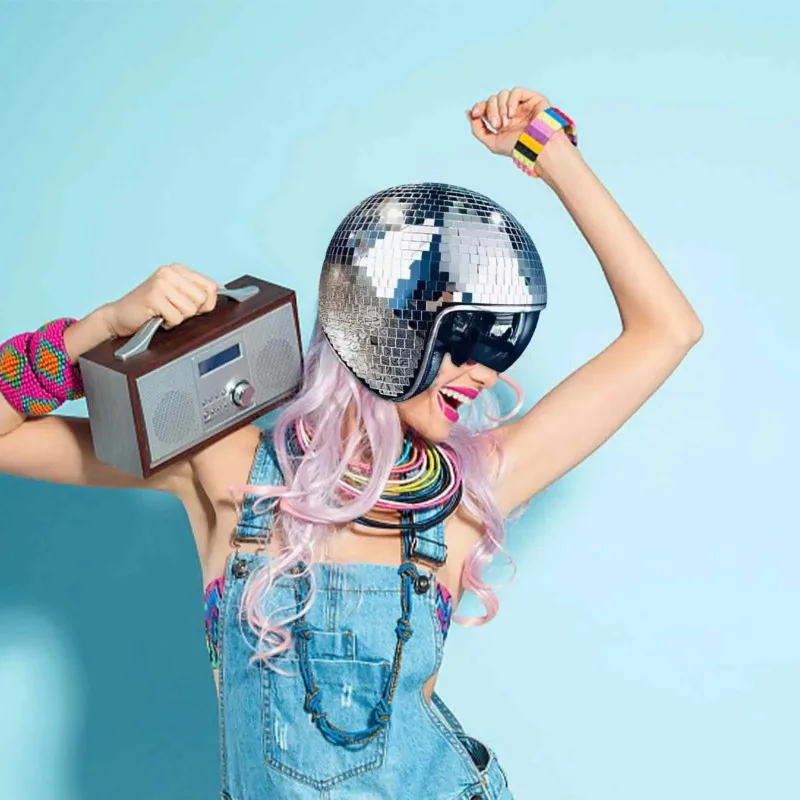 Casco de discoteca con purpurina, cascos de bola con purpurina y espejo, sombrero de bola de discoteca, casco para Club, Bar, fiesta, sombrero brillante de discoteca reflectante de cristal completo