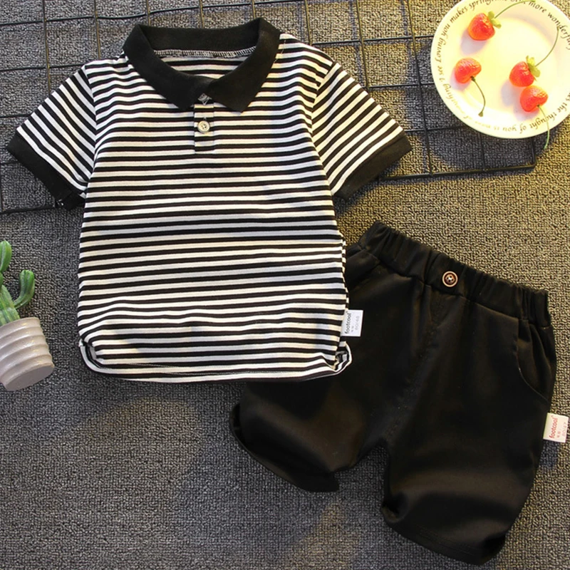 Conjunto de 2 piezas de ropa de Boutique para niños, Tops de algodón a rayas de manga corta y pantalones cortos, moda coreana, verano, BC372