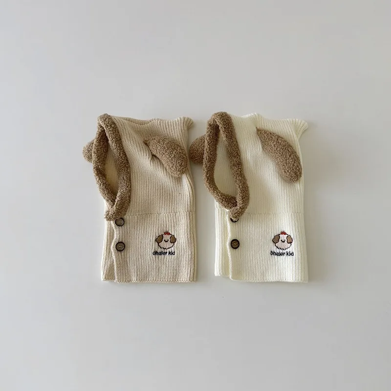 Gorro y bufanda de estilo coreano para niños, conjunto de invierno 2 en 1, gorro tejido con orejas de perro y Animal, calentador de cuello, pasamontañas cálido para niños pequeños - imagen 3
