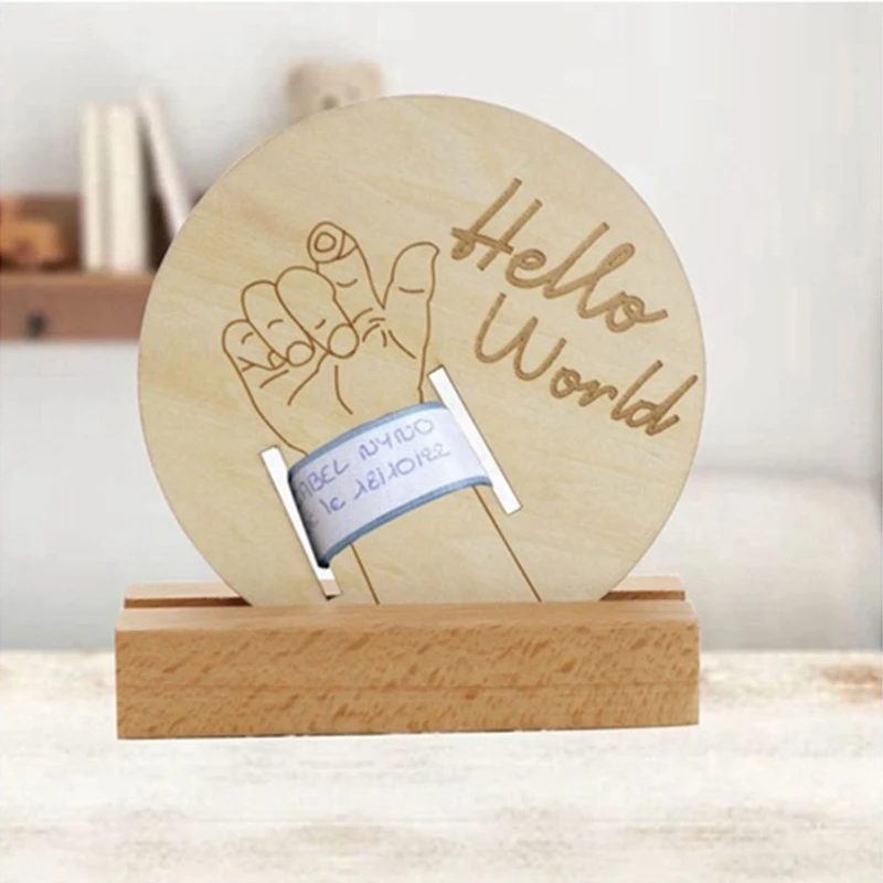 Soporte de pulsera de anuncio de nacimiento de recién nacido de madera Natural, recuerdo grabado, soporte de exhibición de banda de Hospital para bebé, registro de fecha de nacimiento - imagen 2