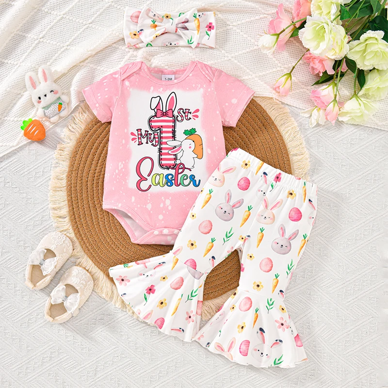 Suefunskry-Conjunto de 3 uds de Pascua para niña, pelele con estampado de letras de conejito de manga corta, pantalones acampanados con estampado de huevos, diadema con lazo, conjunto encantador