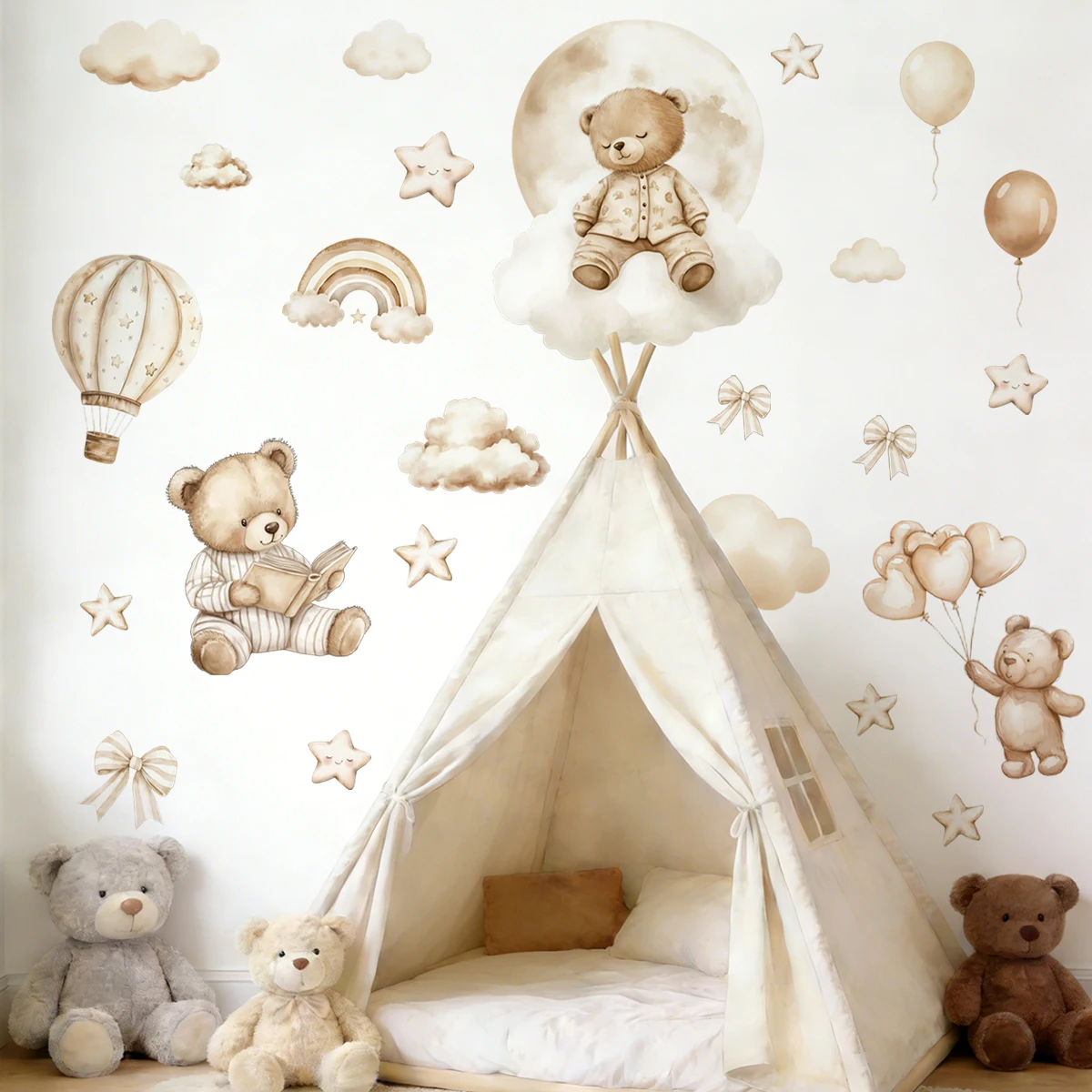 globo oso peluche con pegatina pared acuarela infantil - imagen 4
