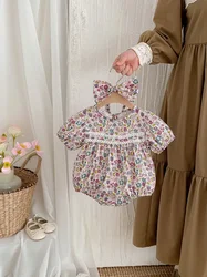 MILANCEL, nuevo mono Floral de verano para niñas, mono con estampado completo de flores para bebés + banda para el pelo, ropa infantil de una pieza con mangas abullonadas