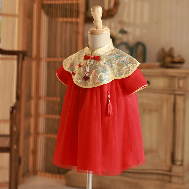 Ropa de estilo chino para niña pequeña, vestido rojo de lujo de manga corta para cumpleaños, BC564, primavera y verano, 2024 - imagen 3