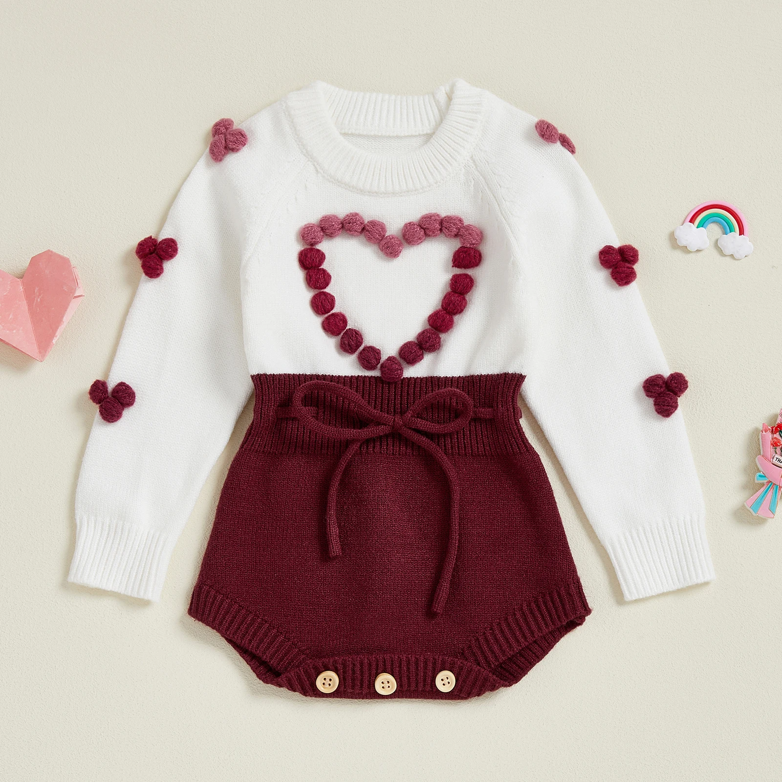 Pelele de punto para niñas de 0 a 24 meses, mono de Color de contraste de manga larga con cuello redondo y bola de piel a la moda - imagen 2