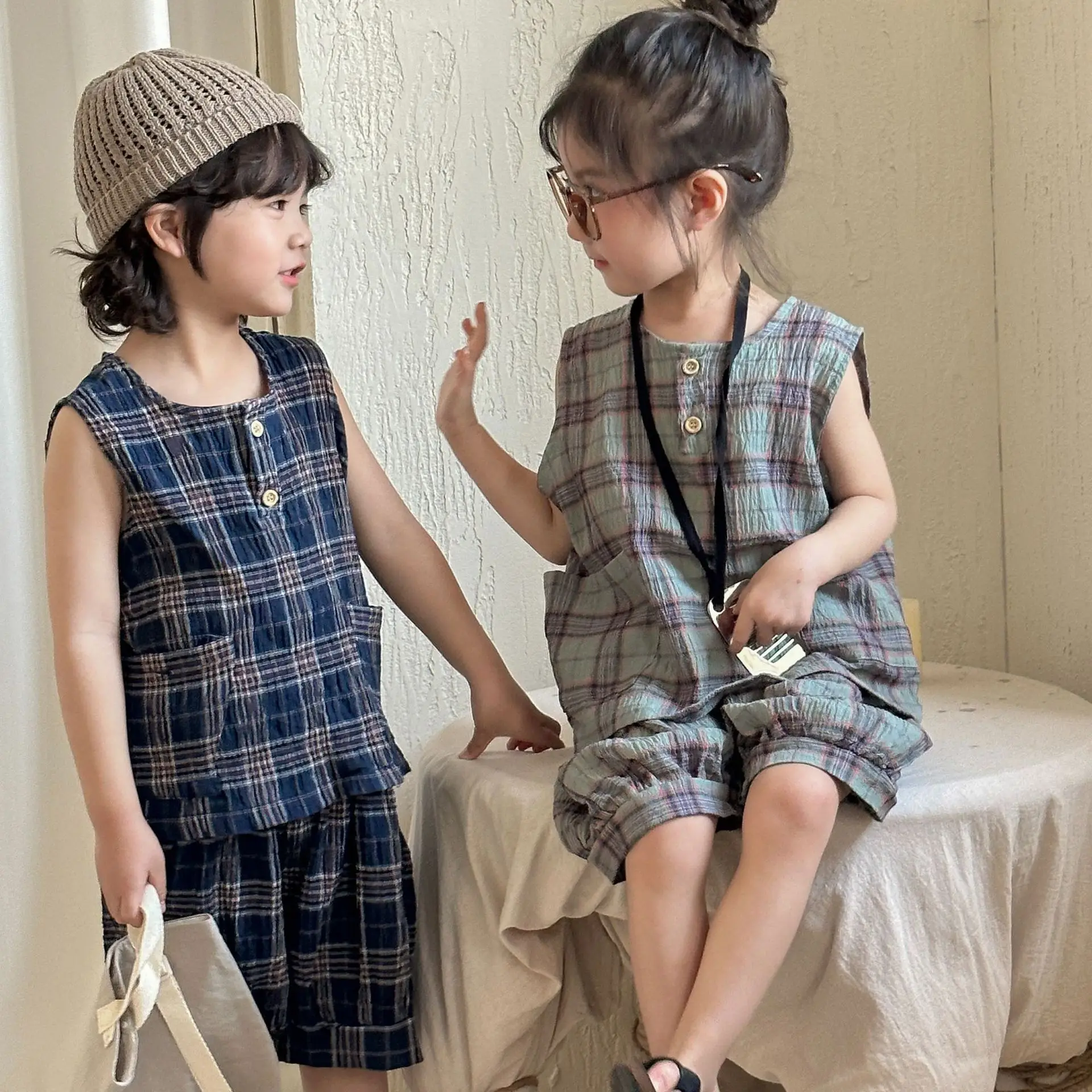 2 unids/set de ropa para niñas y niños, chaleco a cuadros + Pantalones cortos, ropa para niños - imagen 4