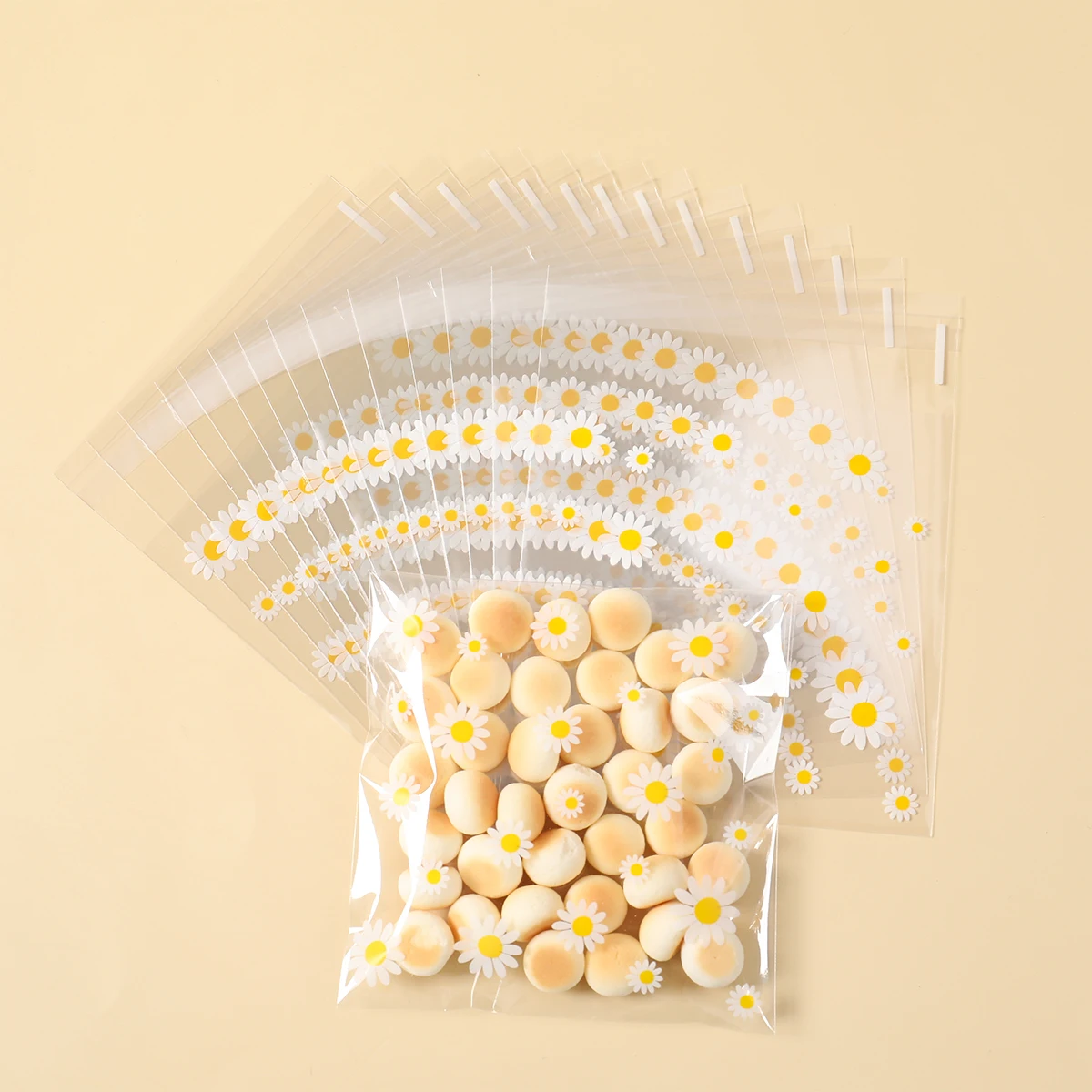 50/100pcs White Daisy Cellophane Cookie Bags Plastic Candy Bags Kids Birthday Self Adhesive Gift Packaging Bags Party Supplies - imagen 2
