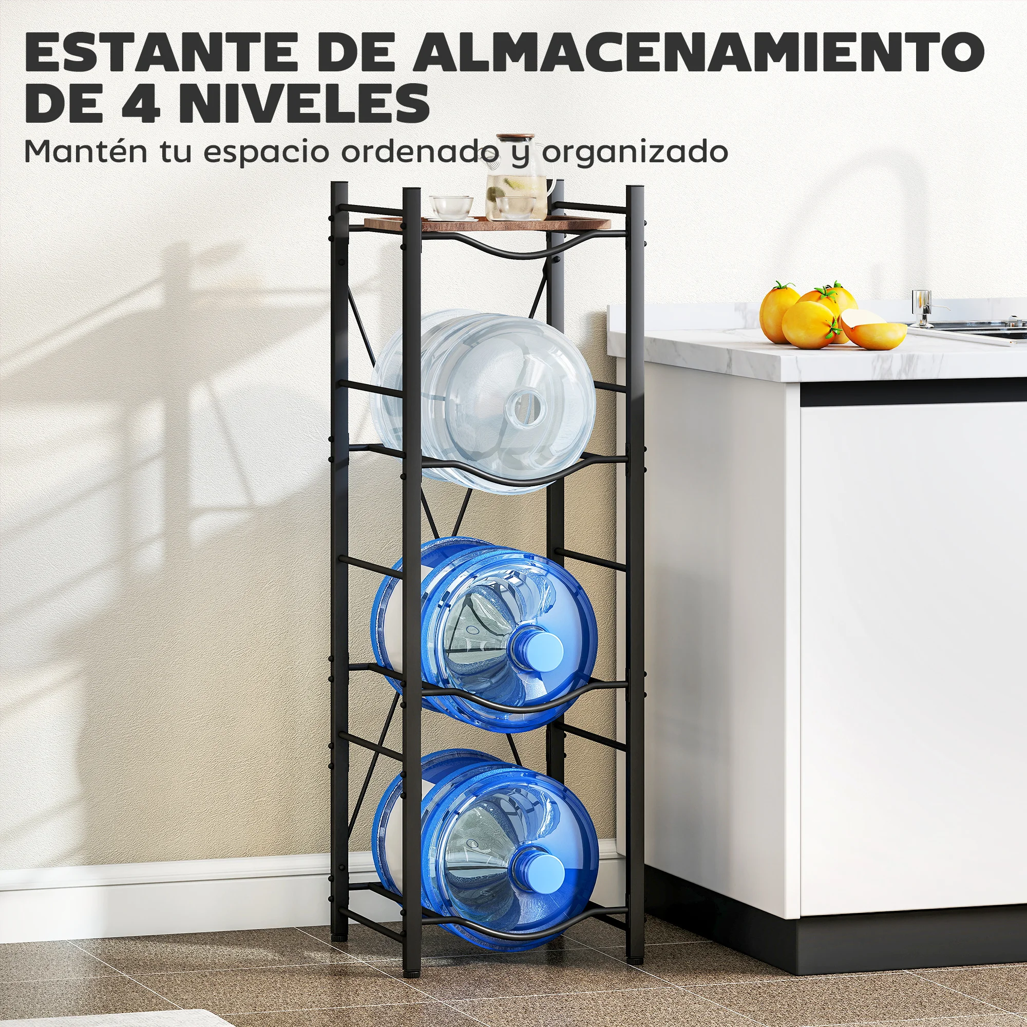 HOMCOM Soporte para Garrafones de Agua de 4 Niveles Estante de Almacenamiento para Botellas de Agua con Estructura de Metal Reforzada para Cocina Comedor Sala de Estar Negro - imagen 4