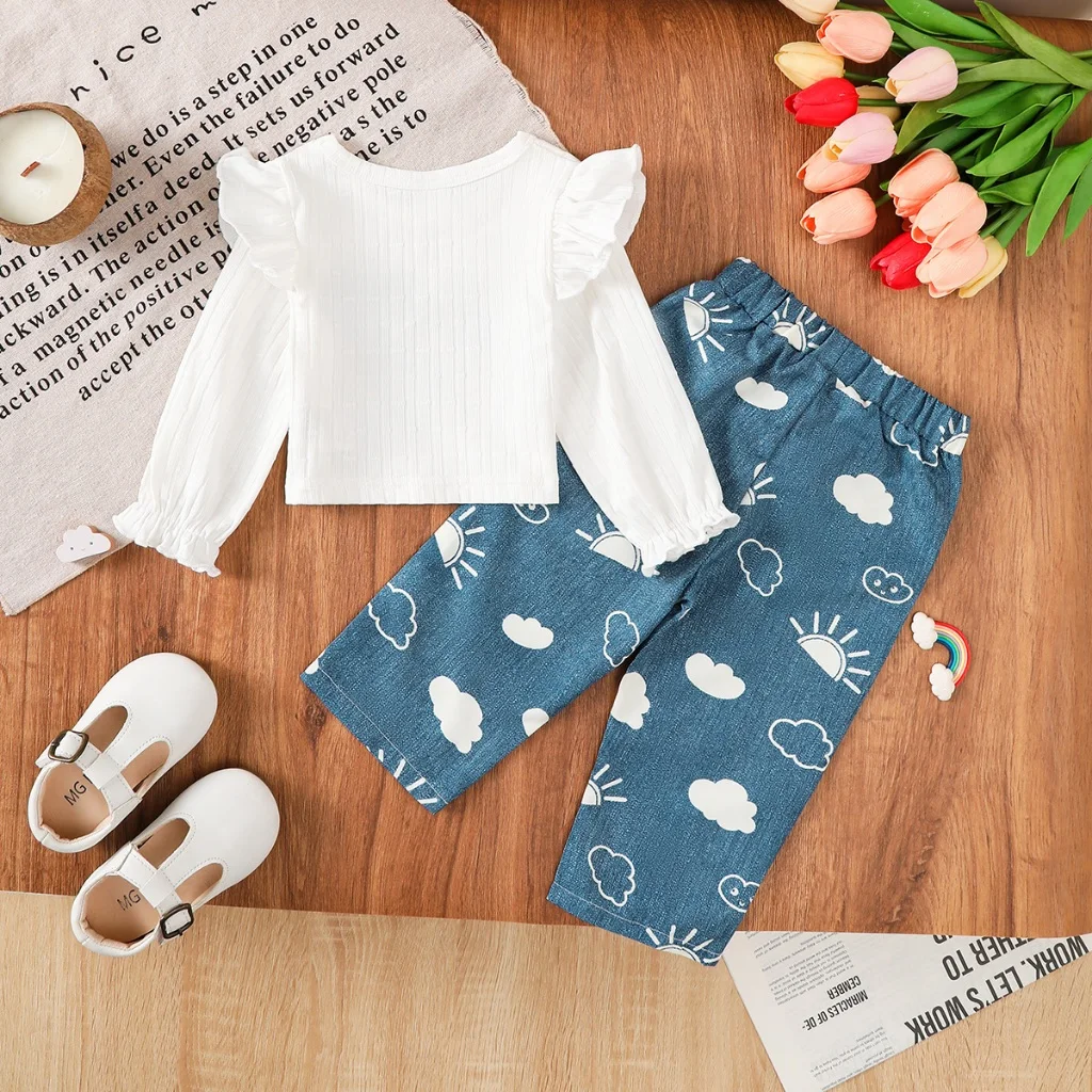 6 To 3 Years Old Girl's White Long Sleeved Top+Blue Cloud Jeans Outfits Cartoon Girl Print Baby Clothes Set Autumn Clothing - imagen 5