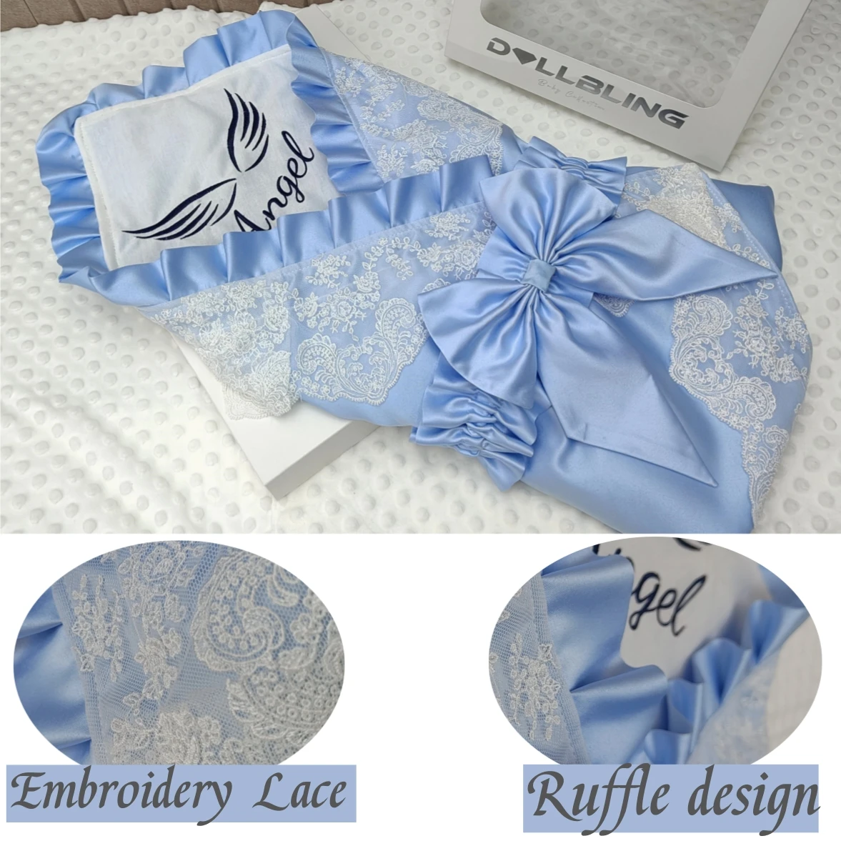 Nombre de bebé bordado personalizado para recién nacidos con marco de lazo grande, pañales infantiles para 0-3 meses, manta receptora, envolturas para dormir - imagen 5