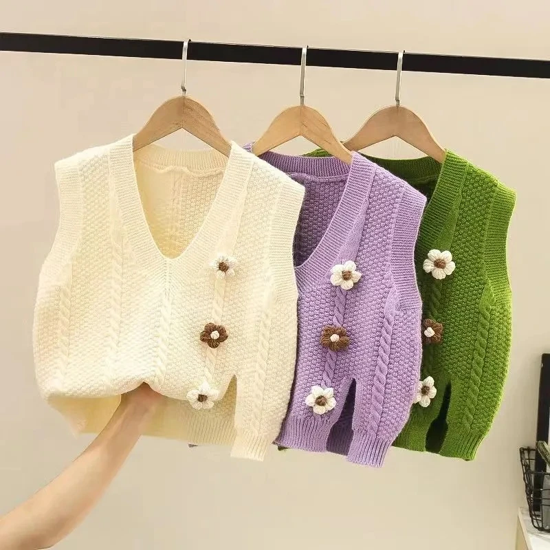 Chaleco tejido con cuello en V para niñas, chaleco para bebé de primavera y otoño, jersey sin mangas, chaleco con decoración floral, suéter para niños - imagen 4