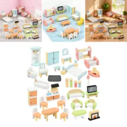 Juego de Muebles de Madera para Casa de Muñecas, Dormitorio, Cocina, Baño, Sala de Estar, Kits de Decoración, Silla, Cama, Sofá en Miniatura para Niños y Niñas
