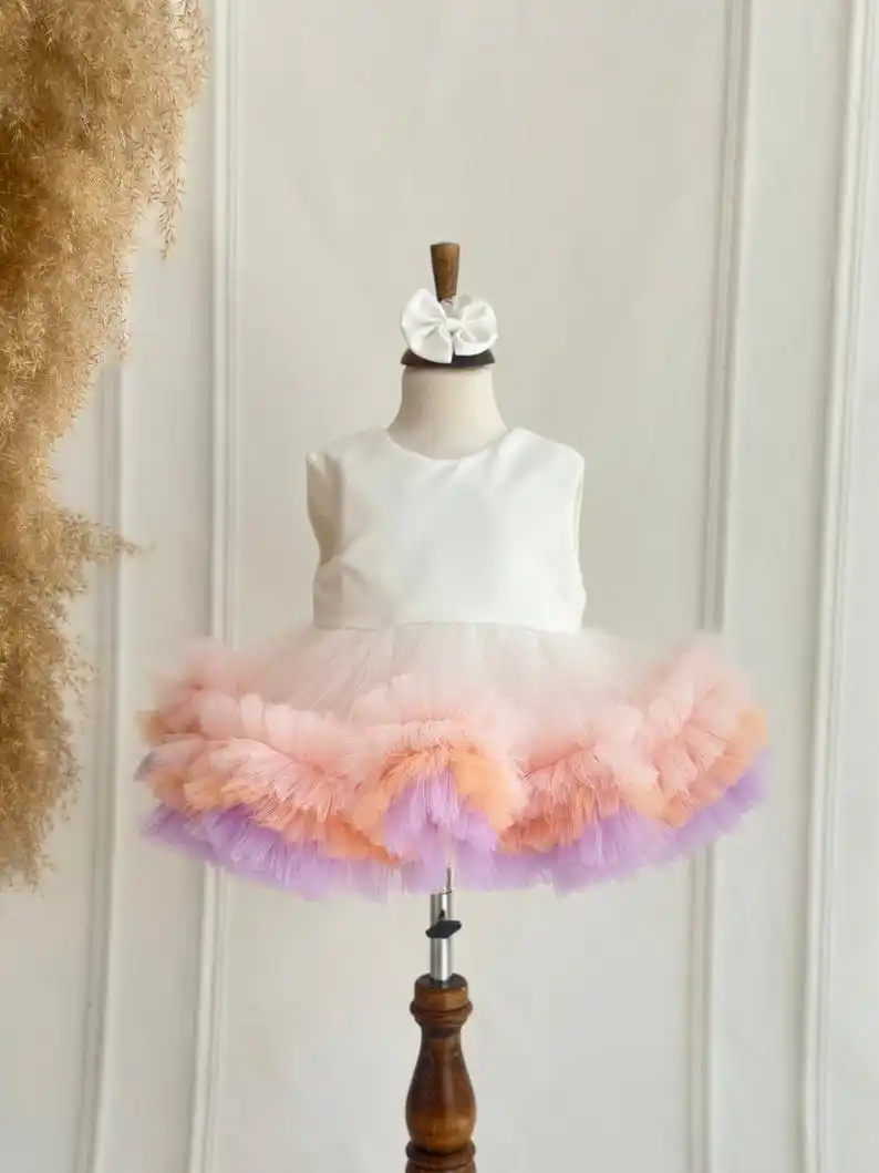 Vestido de primer cumpleaños de tul hecho a mano: vestido de niña de flores hinchado para ropa de sesión de fotos de fiesta de boda - imagen 2