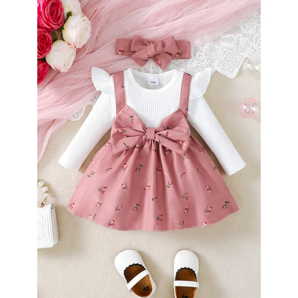 Vestido de princesa para niña pequeña de 0 a 2 años, vestido de manga larga con estampado de flores y lazo grande + diadema, ropa de moda de otoño para niña, 2 uds.