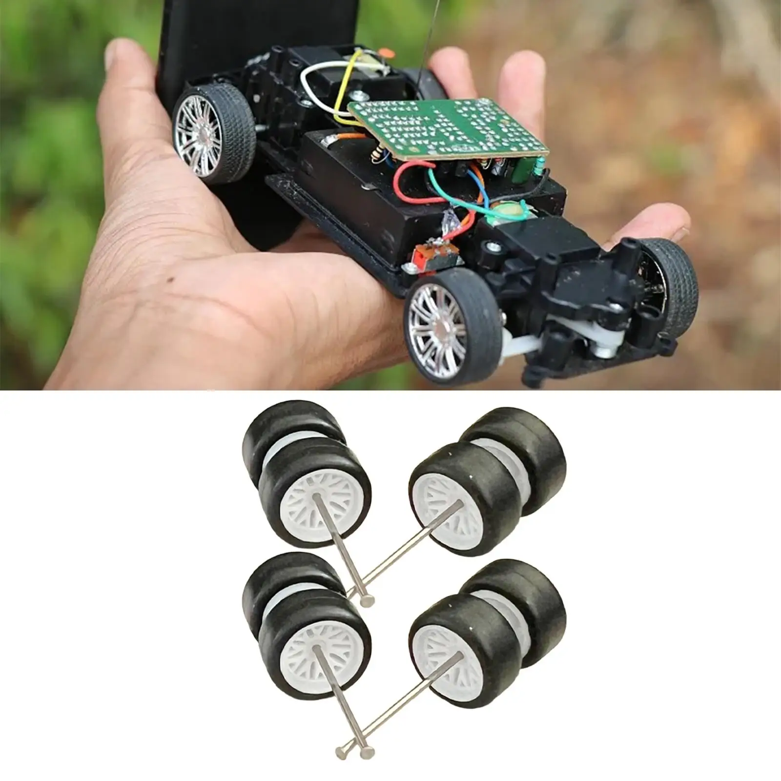 8x 1/64 Scale Wheels with Round Rod Axles, Simulation Model Car Wheels Tires for Collectors